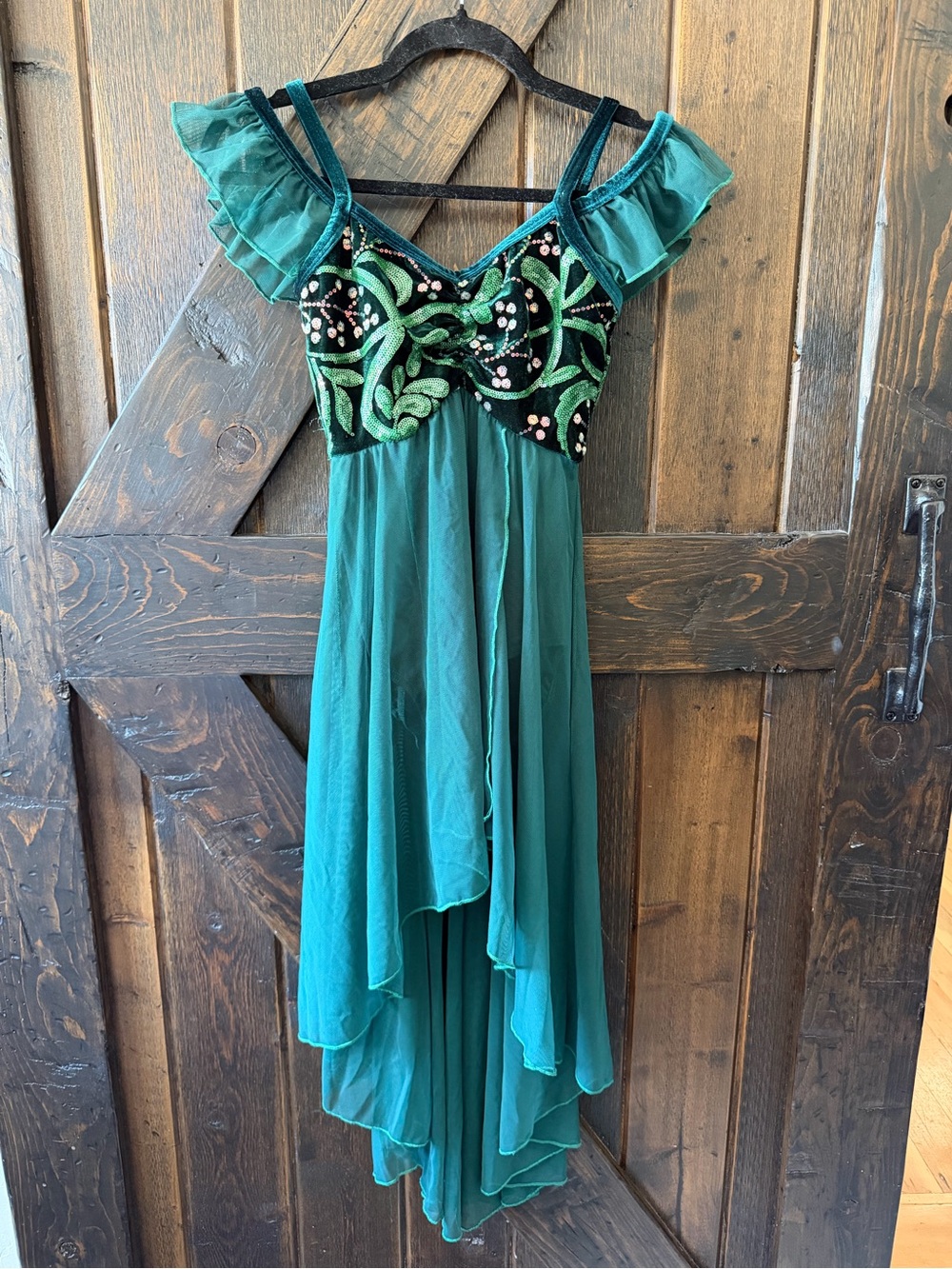 A Wish Come True Adult Small Lyrical Dance Costume Green Sequin Chiffon Leotard